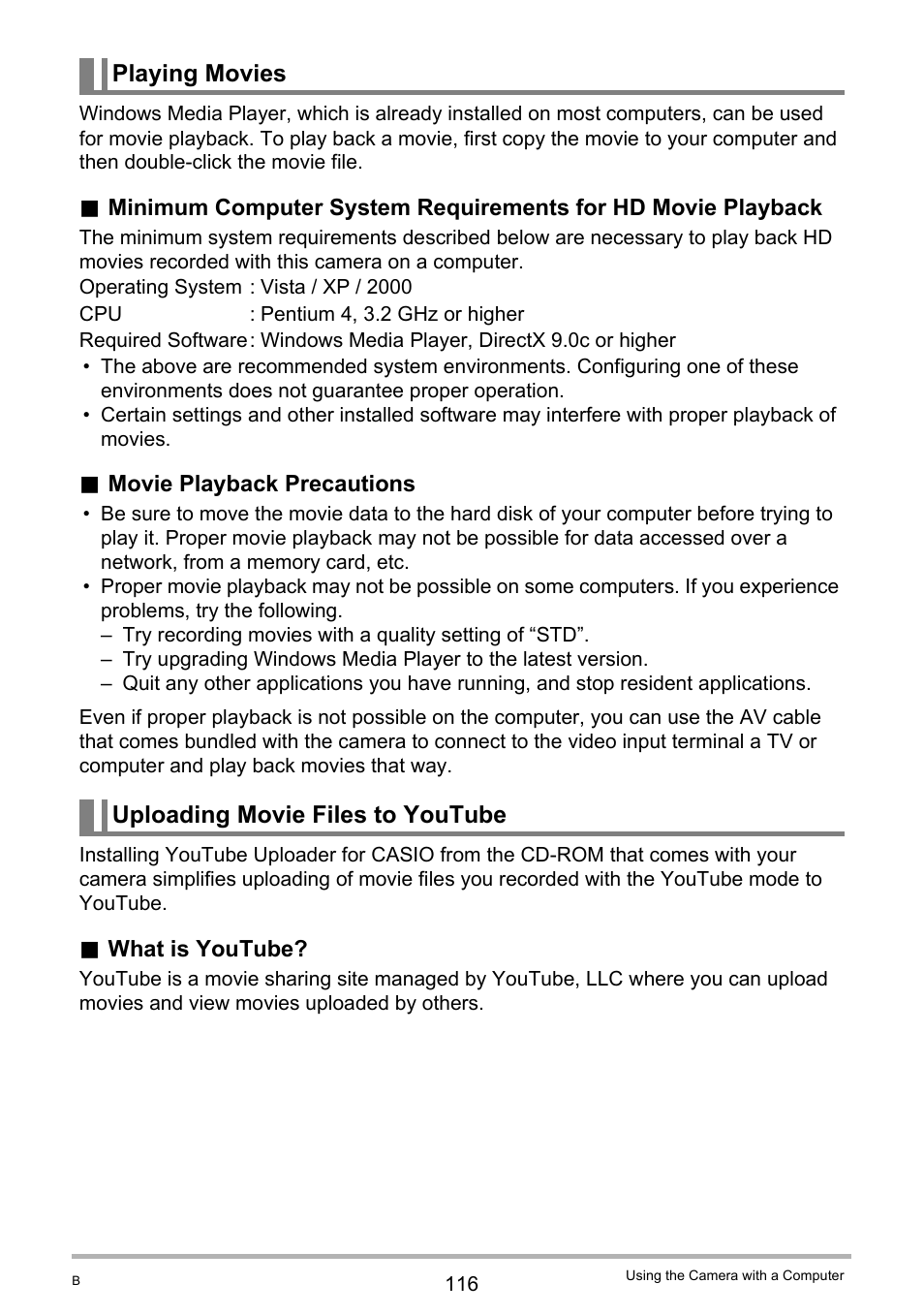 Playing movies, Uploading movie files to youtube | Casio EXILIM EX-FH20 User Manual | Page 116 / 176