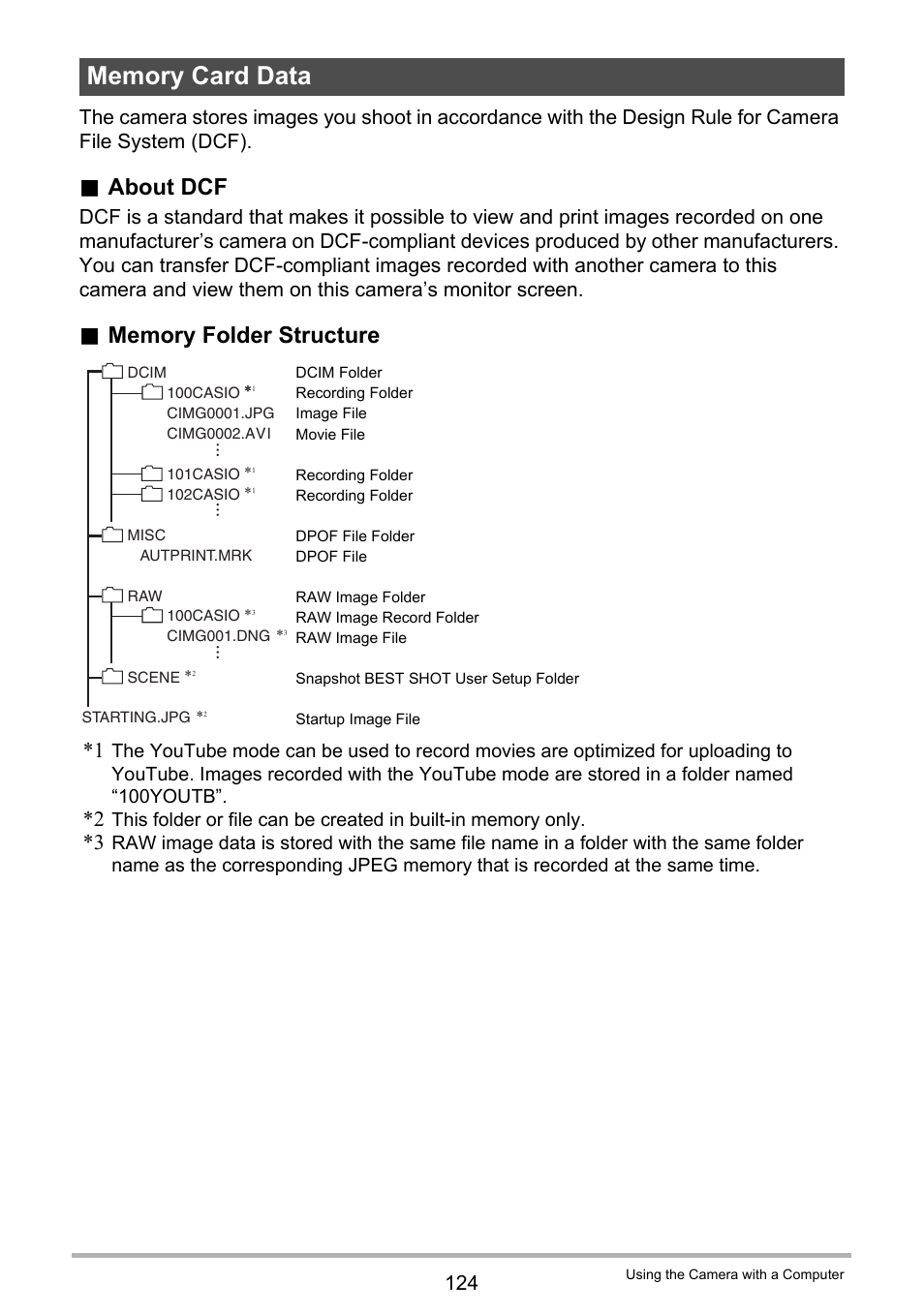 Memory card data, About dcf | Casio EXILIM EX-FH20 User Manual | Page 124 / 176