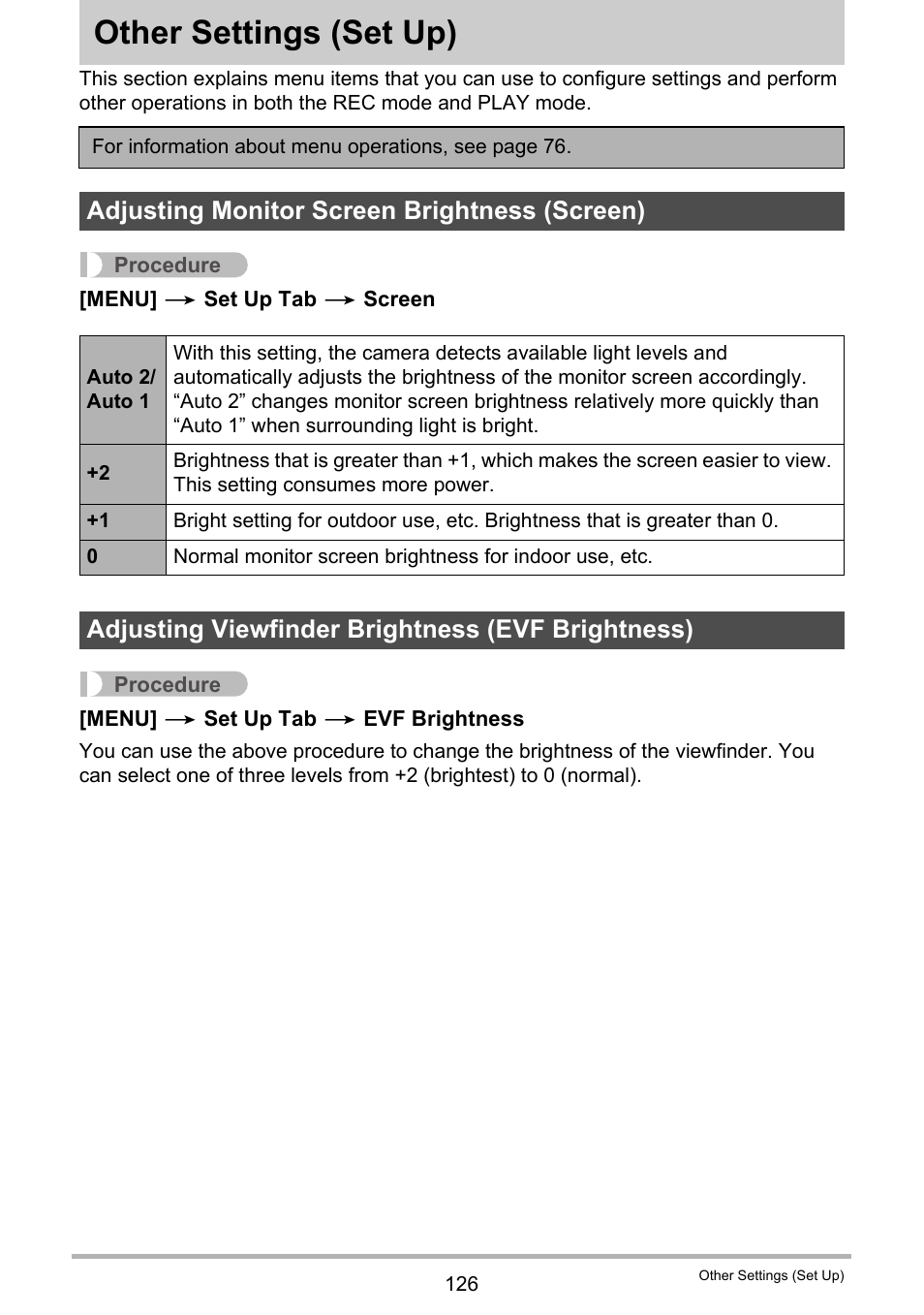 Other settings (set up), Adjusting monitor screen brightness (screen), Adjusting viewfinder brightness (evf brightness) | Other settings, Set up) 126 | Casio EXILIM EX-FH20 User Manual | Page 126 / 176