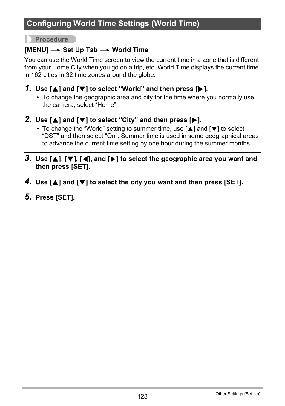 Configuring world time settings (world time) | Casio EXILIM EX-FH20 User Manual | Page 128 / 176