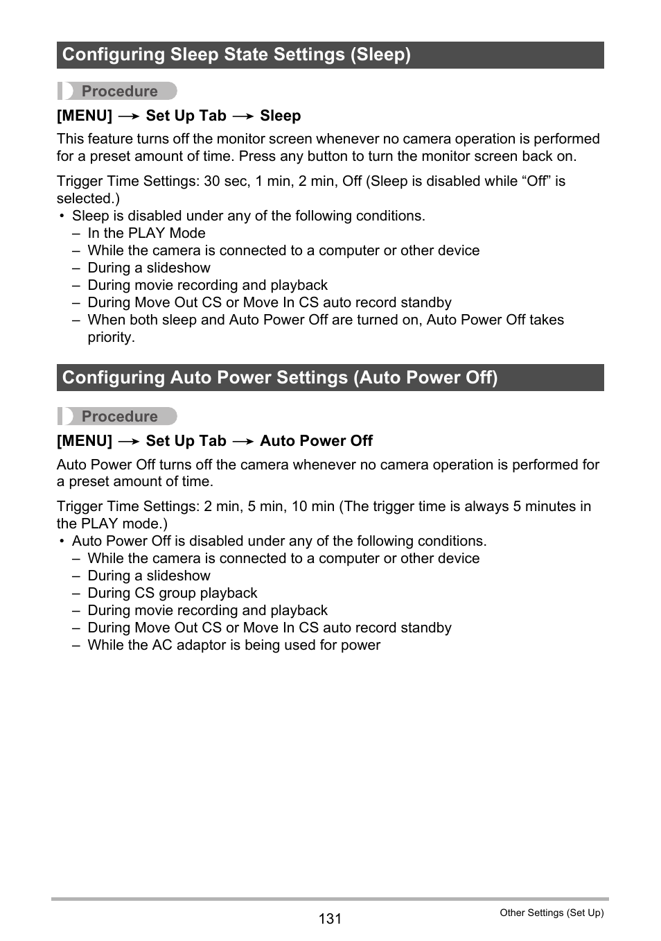 Configuring sleep state settings (sleep), Configuring auto power settings (auto power off) | Casio EXILIM EX-FH20 User Manual | Page 131 / 176