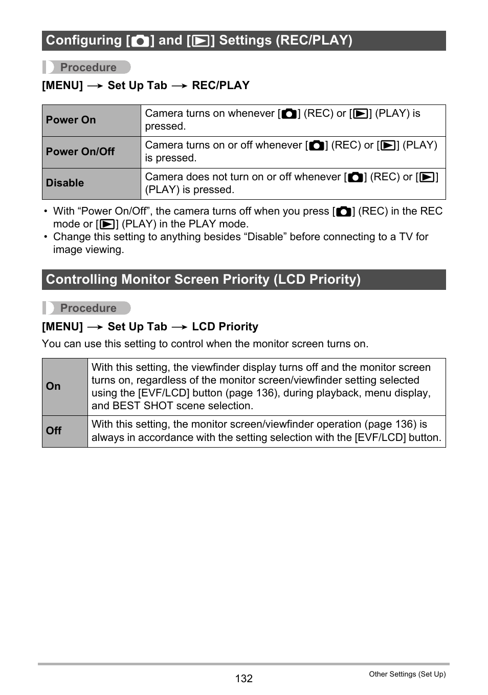 Configuring [_] and [>] settings (rec/play), Controlling monitor screen priority (lcd priority), Configuring [ r ] and [ p ] settings (rec/play) | Casio EXILIM EX-FH20 User Manual | Page 132 / 176