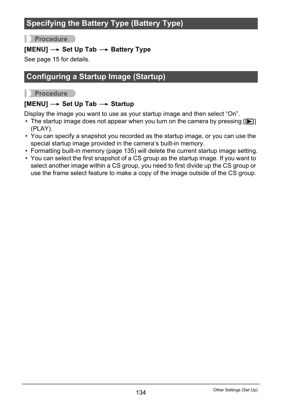 Specifying the battery type (battery type), Configuring a startup image (startup) | Casio EXILIM EX-FH20 User Manual | Page 134 / 176