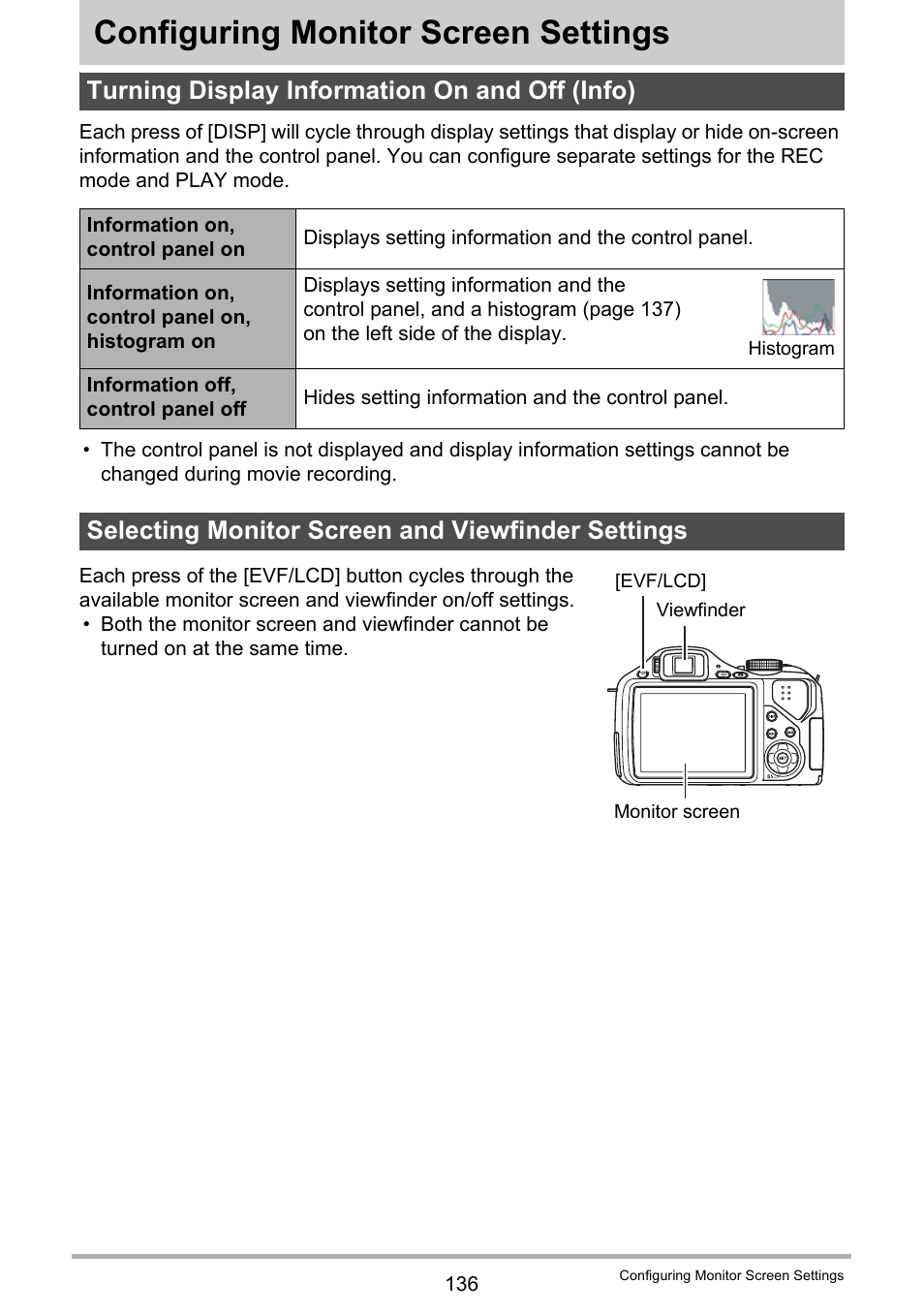 Configuring monitor screen settings, Turning display information on and off (info), Selecting monitor screen and viewfinder settings | Age 136) | Casio EXILIM EX-FH20 User Manual | Page 136 / 176