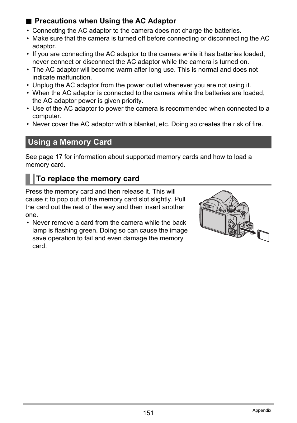 Using a memory card, To replace the memory card | Casio EXILIM EX-FH20 User Manual | Page 151 / 176