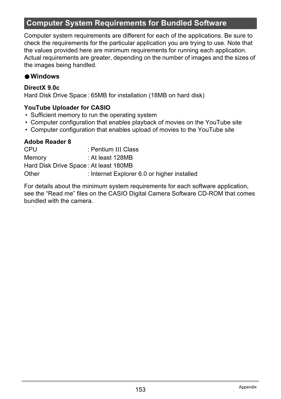 Computer system requirements for bundled software | Casio EXILIM EX-FH20 User Manual | Page 153 / 176