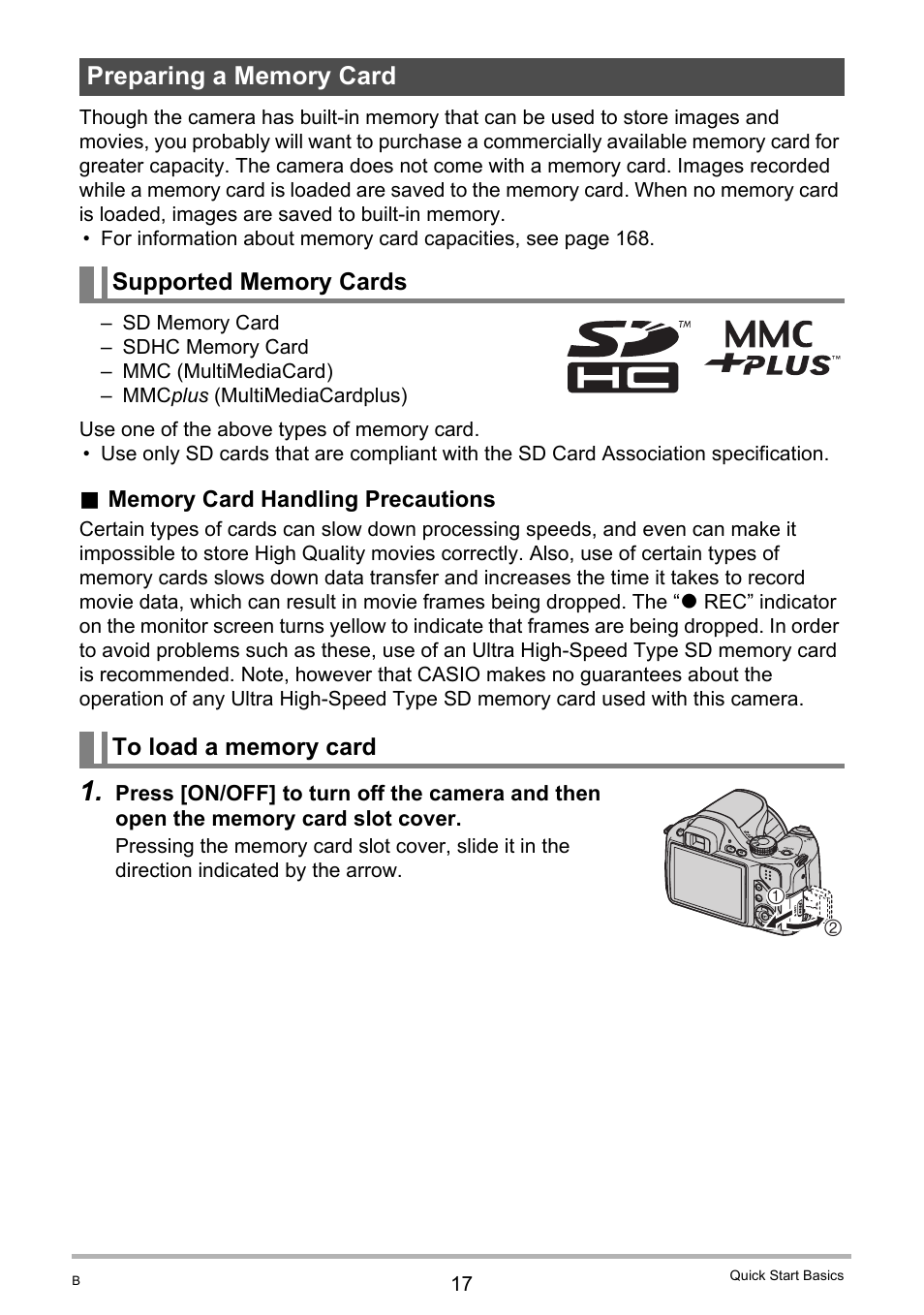 Preparing a memory card, Supported memory cards, To load a memory card | Casio EXILIM EX-FH20 User Manual | Page 17 / 176