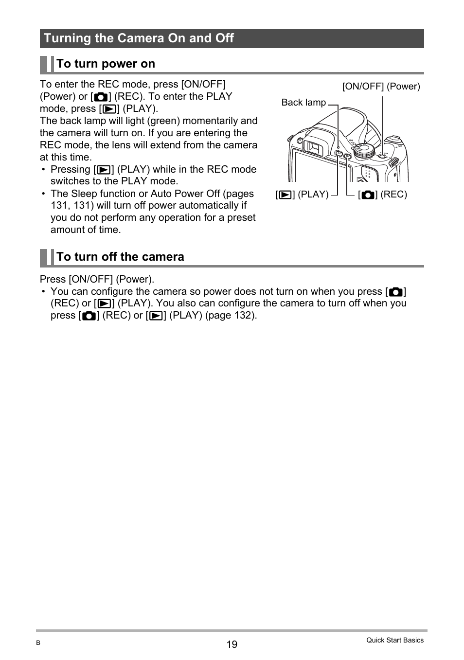 Turning the camera on and off, To turn power on, To turn off the camera | Casio EXILIM EX-FH20 User Manual | Page 19 / 176