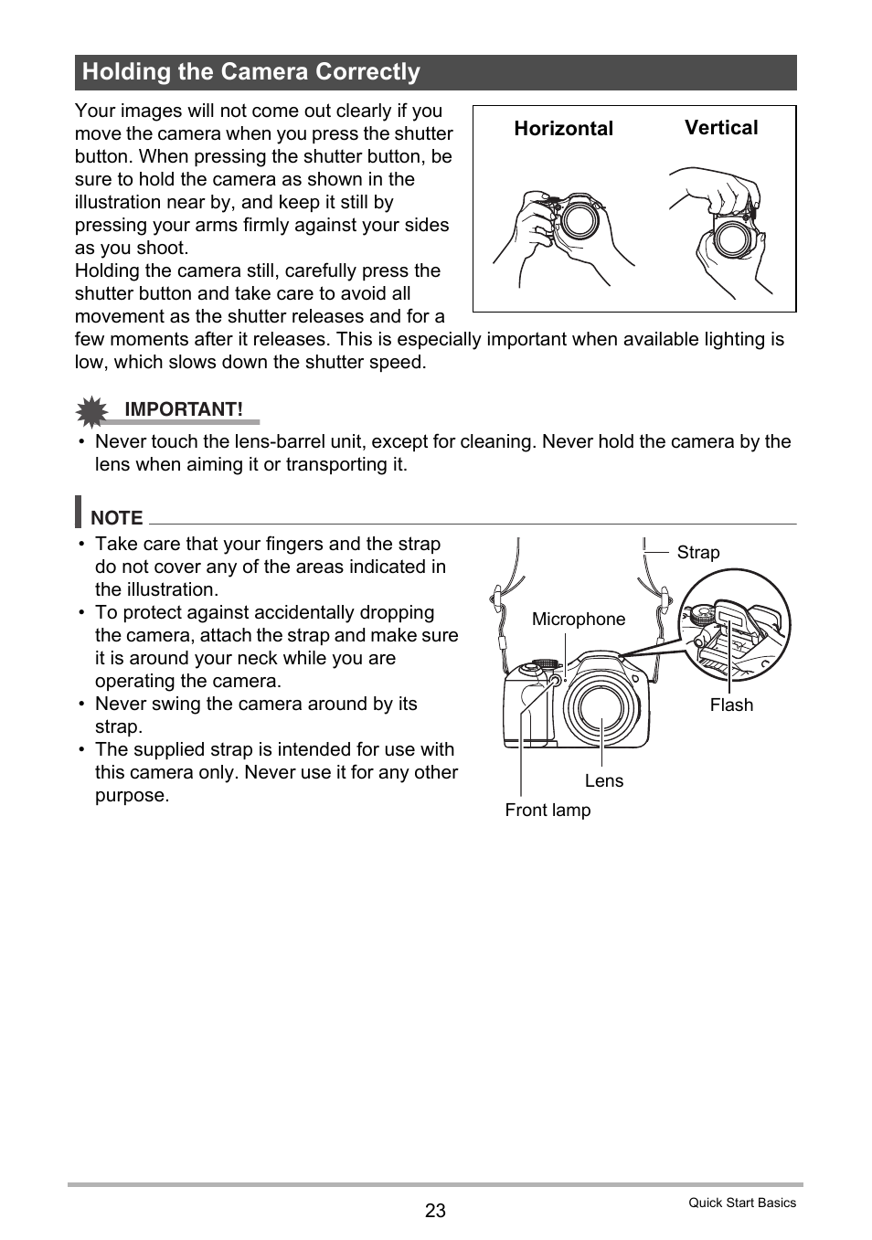 Holding the camera correctly | Casio EXILIM EX-FH20 User Manual | Page 23 / 176