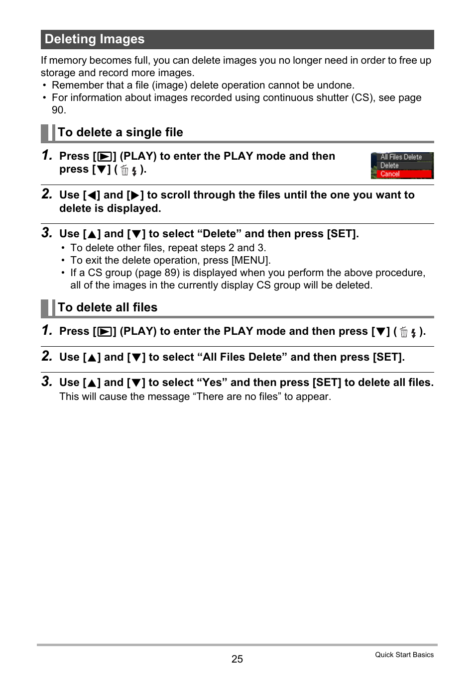 Deleting images, To delete a single file, To delete all files | Casio EXILIM EX-FH20 User Manual | Page 25 / 176