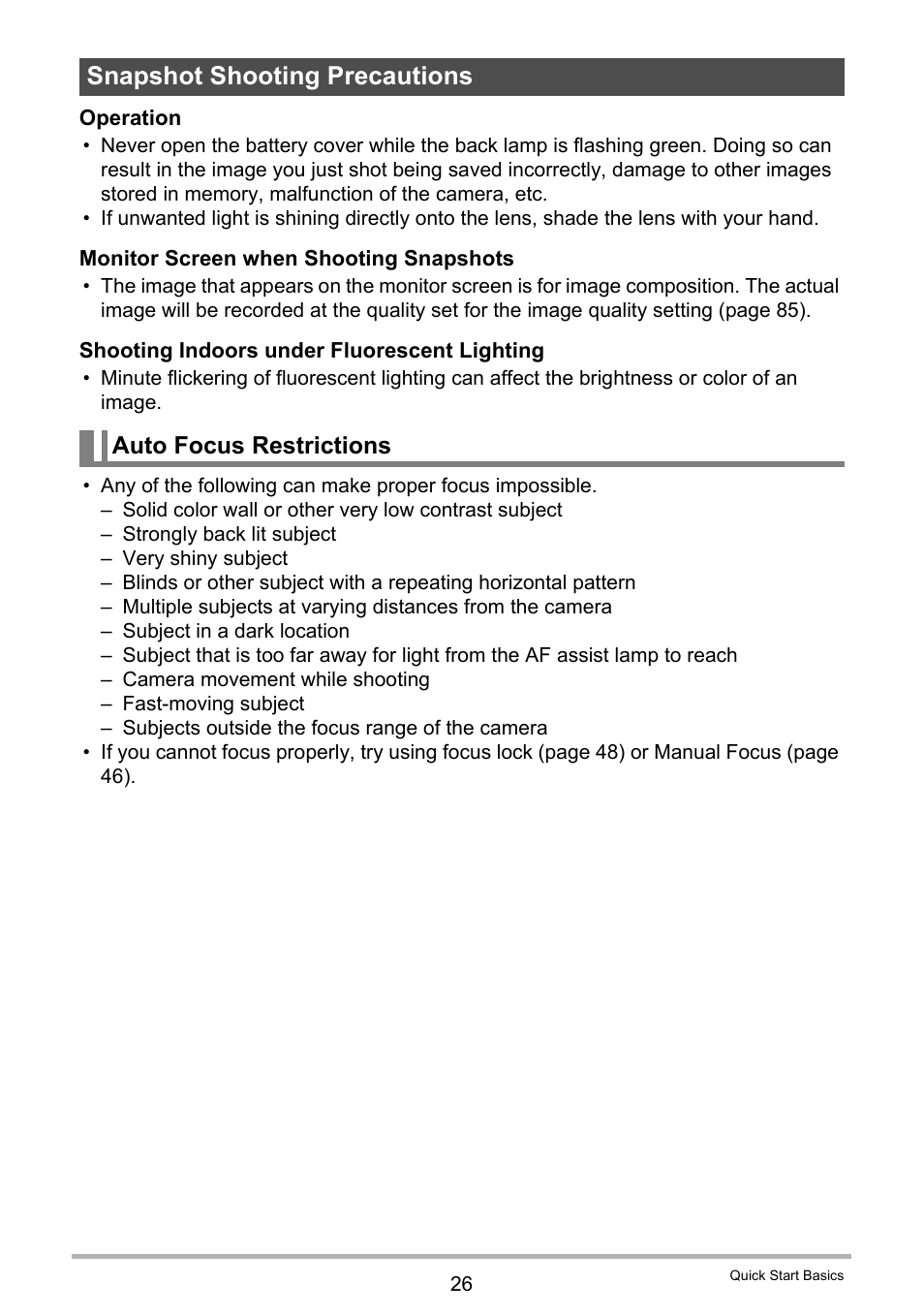 Snapshot shooting precautions, Auto focus restrictions | Casio EXILIM EX-FH20 User Manual | Page 26 / 176