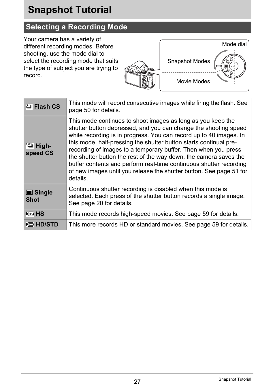 Snapshot tutorial, Selecting a recording mode | Casio EXILIM EX-FH20 User Manual | Page 27 / 176