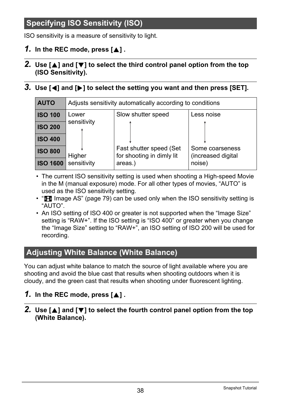 Specifying iso sensitivity (iso), Adjusting white balance (white balance) | Casio EXILIM EX-FH20 User Manual | Page 38 / 176