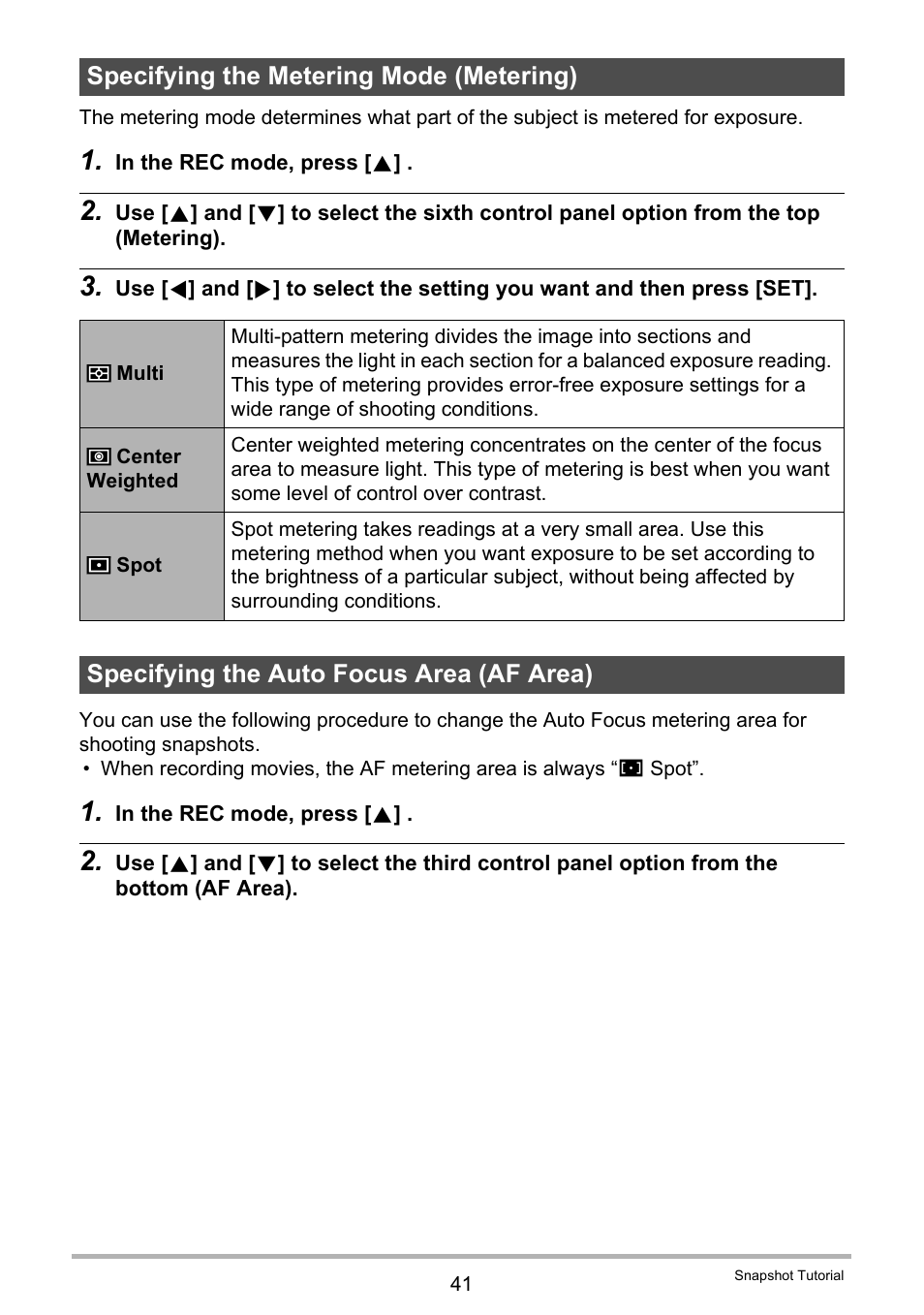 Specifying the metering mode (metering), Specifying the auto focus area (af area), Age 41) | Casio EXILIM EX-FH20 User Manual | Page 41 / 176