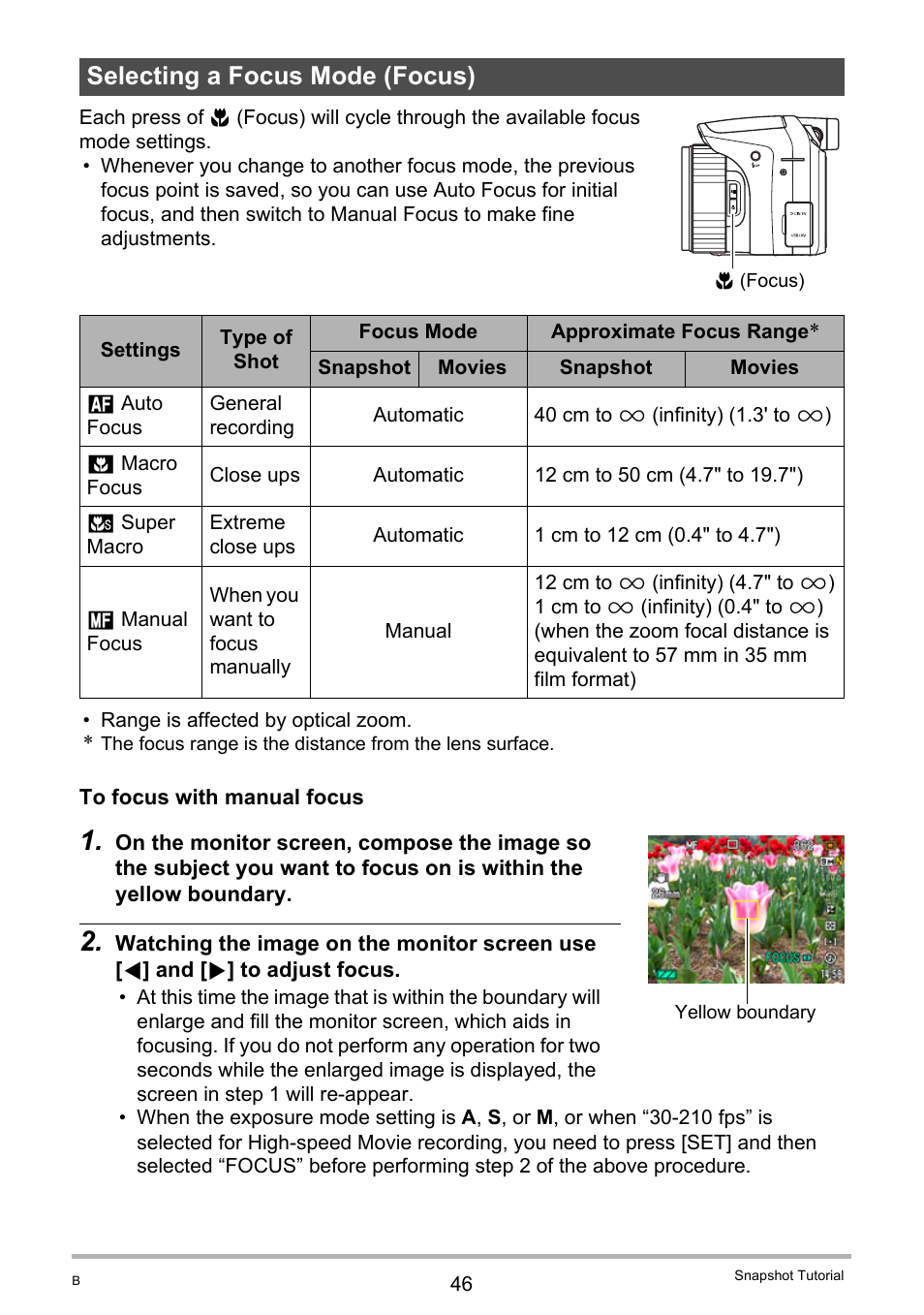 Selecting a focus mode (focus) | Casio EXILIM EX-FH20 User Manual | Page 46 / 176