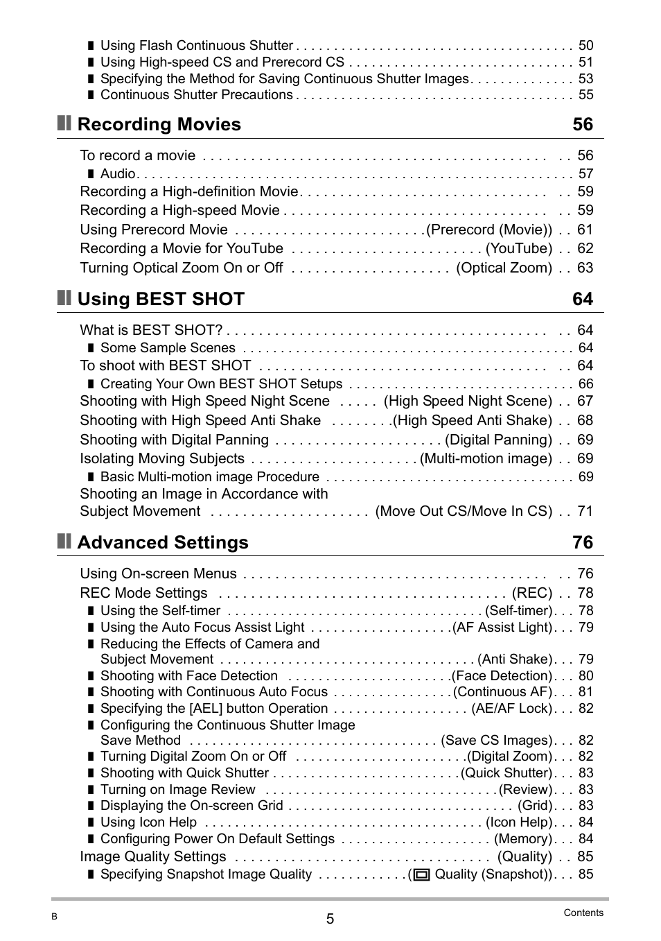 Recording movies 56, Using best shot 64, Advanced settings 76 | Casio EXILIM EX-FH20 User Manual | Page 5 / 176