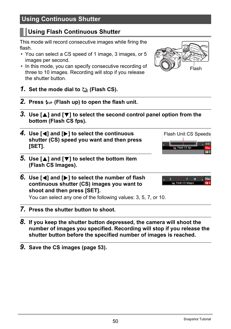 Using continuous shutter, Using flash continuous shutter, Ge 50 for | Casio EXILIM EX-FH20 User Manual | Page 50 / 176
