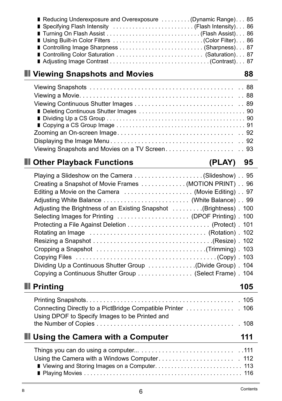 Viewing snapshots and movies 88, Other playback functions (play) 95, Printing 105 | Using the camera with a computer 111 | Casio EXILIM EX-FH20 User Manual | Page 6 / 176