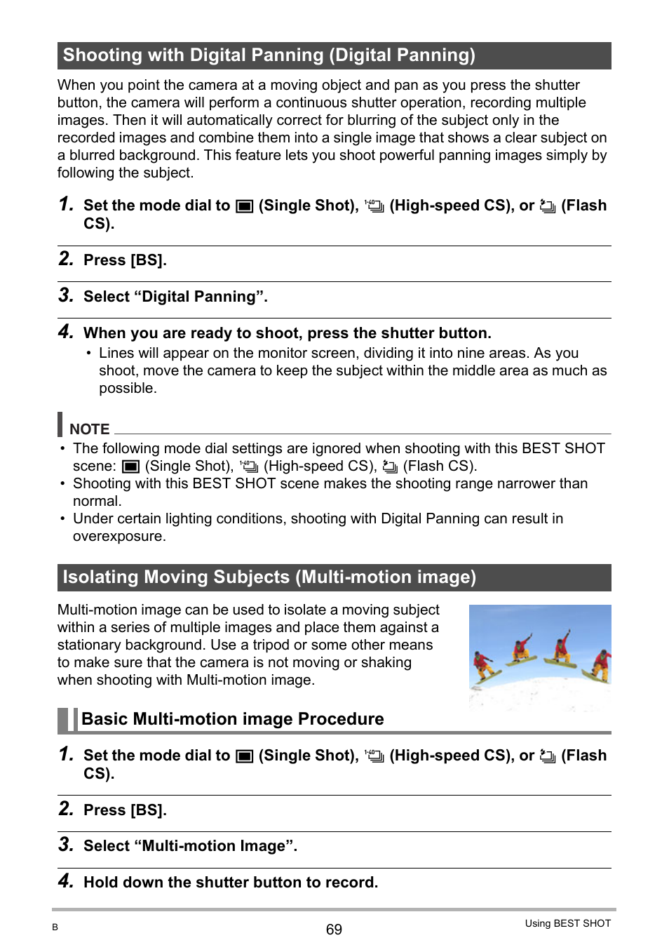 Shooting with digital panning (digital panning), Isolating moving subjects (multi-motion image), Basic multi-motion image procedure | Casio EXILIM EX-FH20 User Manual | Page 69 / 176