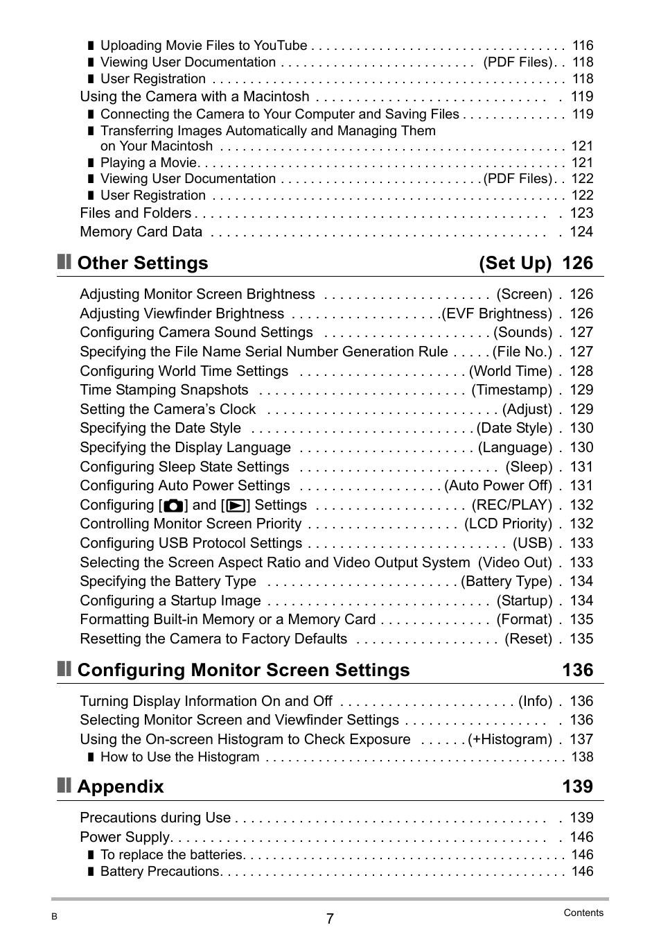 Other settings (set up) 126, Configuring monitor screen settings 136, Appendix 139 | Casio EXILIM EX-FH20 User Manual | Page 7 / 176