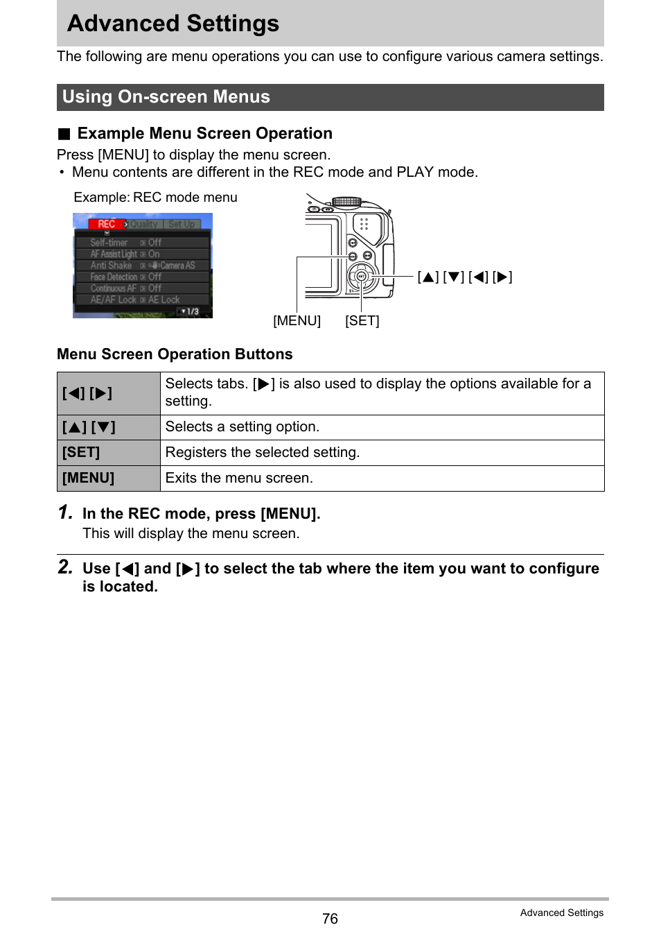 Advanced settings, Using on-screen menus | Casio EXILIM EX-FH20 User Manual | Page 76 / 176