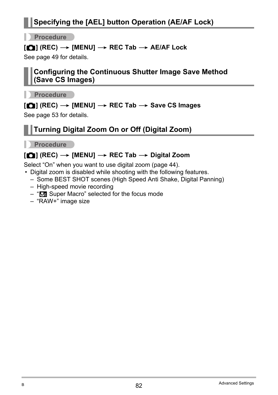 Specifying the [ael] button operation (ae/af lock), Turning digital zoom on or off (digital zoom) | Casio EXILIM EX-FH20 User Manual | Page 82 / 176