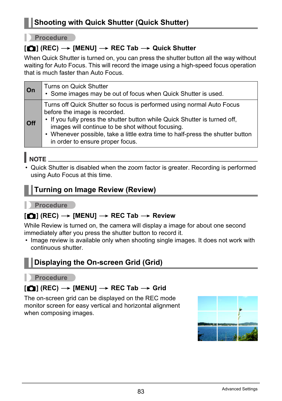 Shooting with quick shutter (quick shutter), Turning on image review (review), Displaying the on-screen grid (grid) | Casio EXILIM EX-FH20 User Manual | Page 83 / 176