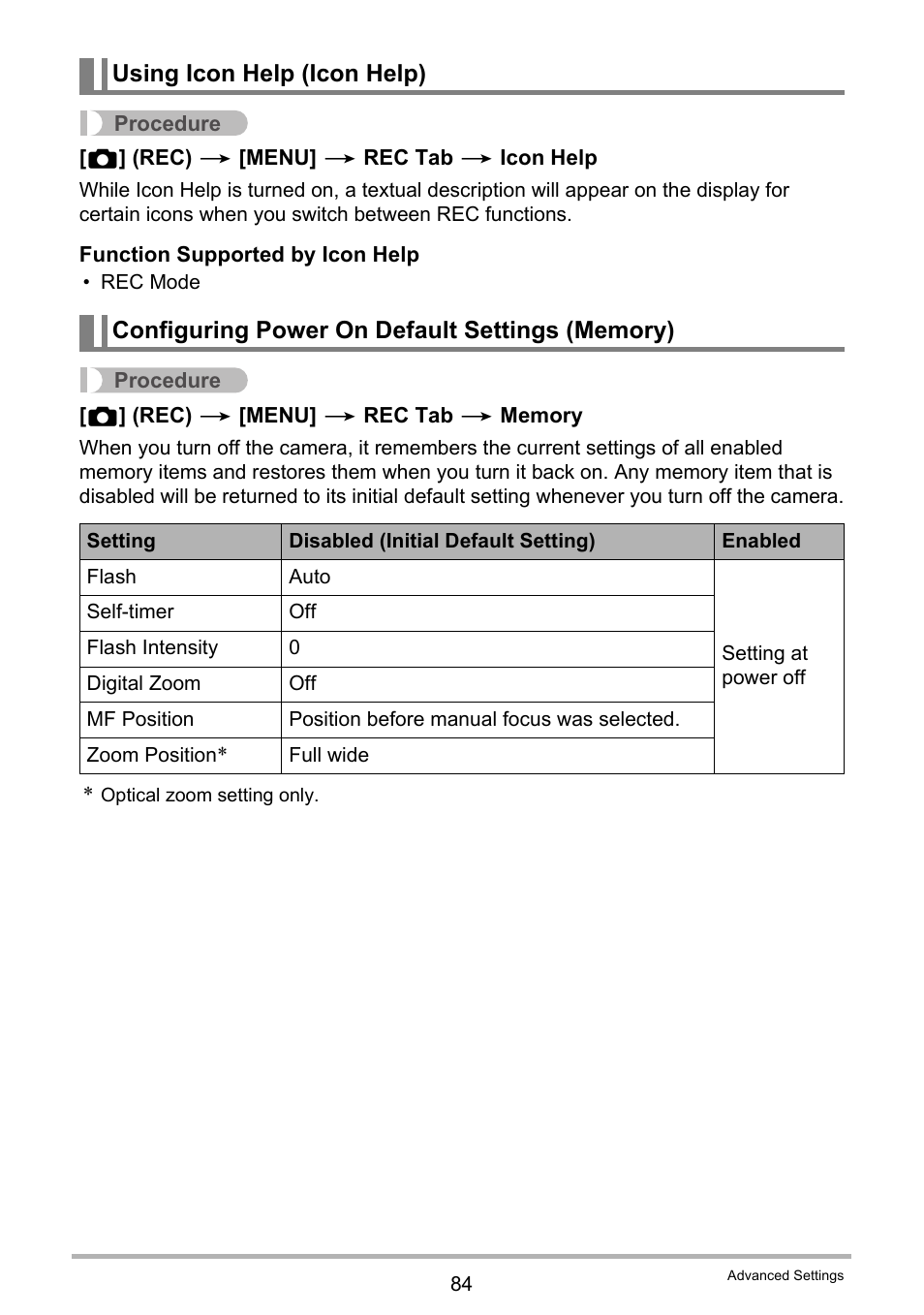 Using icon help (icon help), Configuring power on default settings (memory) | Casio EXILIM EX-FH20 User Manual | Page 84 / 176