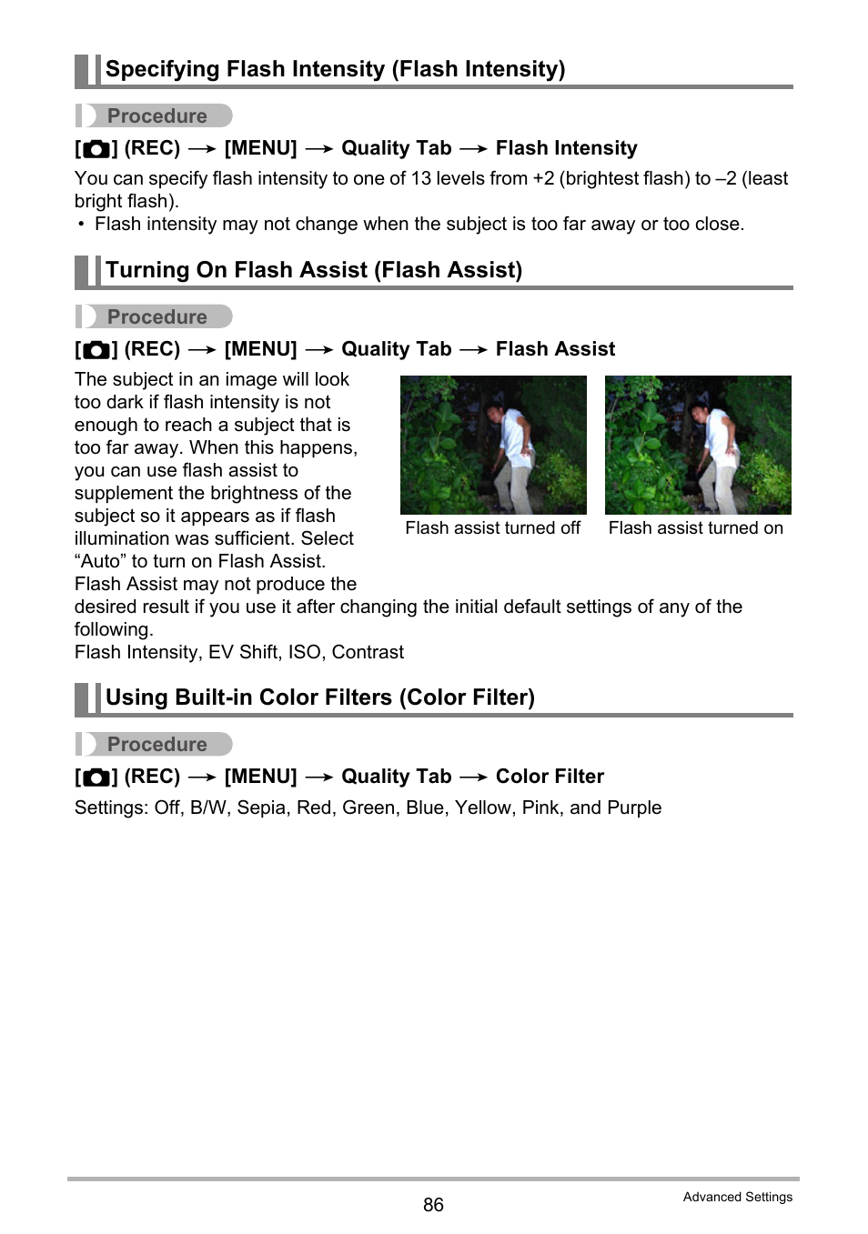 Specifying flash intensity (flash intensity), Turning on flash assist (flash assist), Using built-in color filters (color filter) | Casio EXILIM EX-FH20 User Manual | Page 86 / 176