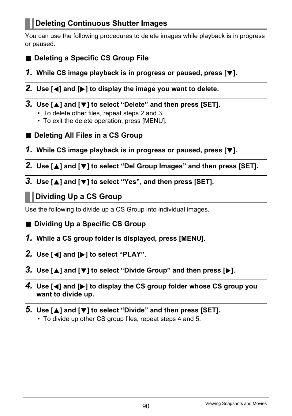 Deleting continuous shutter images, Dividing up a cs group | Casio EXILIM EX-FH20 User Manual | Page 90 / 176
