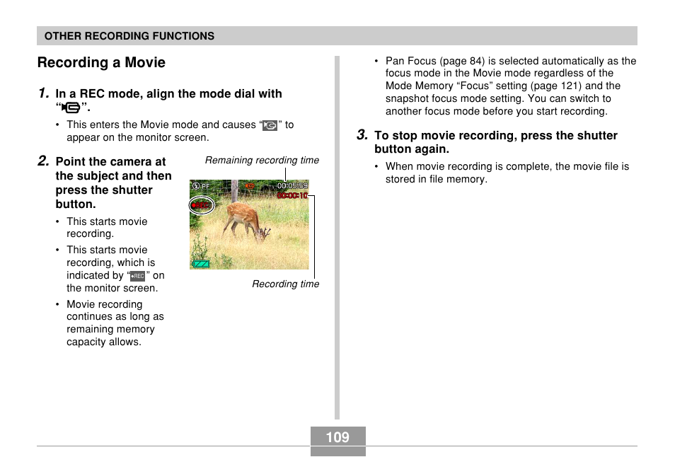 Recording a movie, Recording a movie 1 | Casio EX-Z110 User Manual | Page 109 / 242