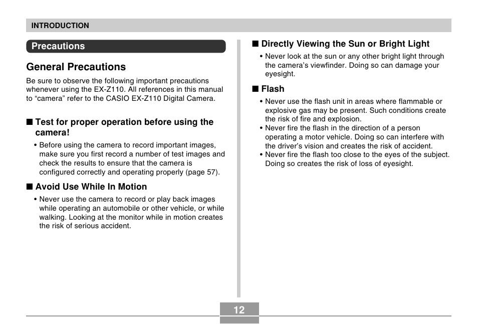 Precautions, General precautions | Casio EX-Z110 User Manual | Page 12 / 242