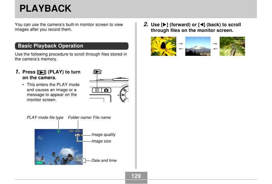 Playback, Basic playback operation | Casio EX-Z110 User Manual | Page 129 / 242