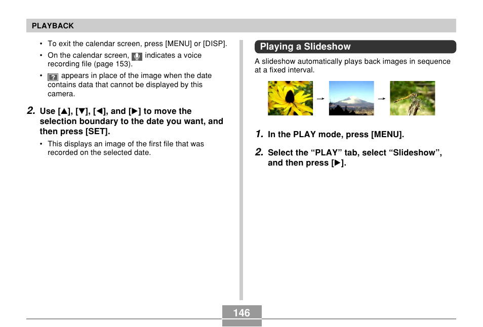 Playing a slideshow | Casio EX-Z110 User Manual | Page 146 / 242