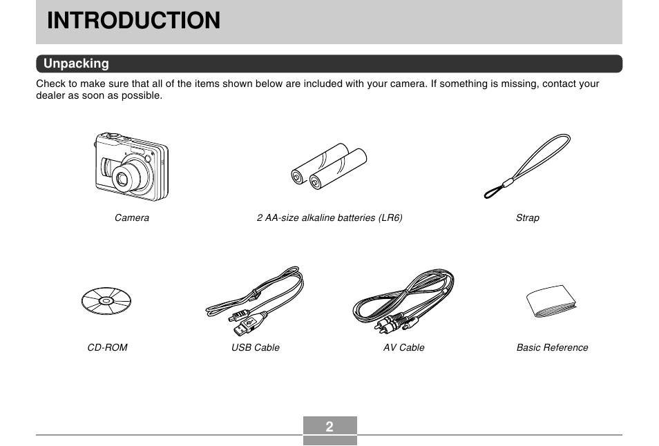 Introduction, Unpacking | Casio EX-Z110 User Manual | Page 2 / 242