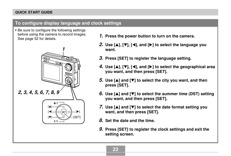 To configure display language and clock settings | Casio EX-Z110 User Manual | Page 23 / 242