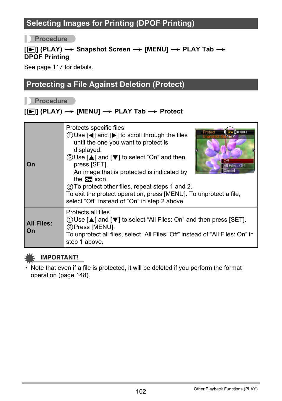 Selecting images for printing (dpof printing), Protecting a file against deletion (protect) | Casio EX-Z2000 User Manual | Page 102 / 195