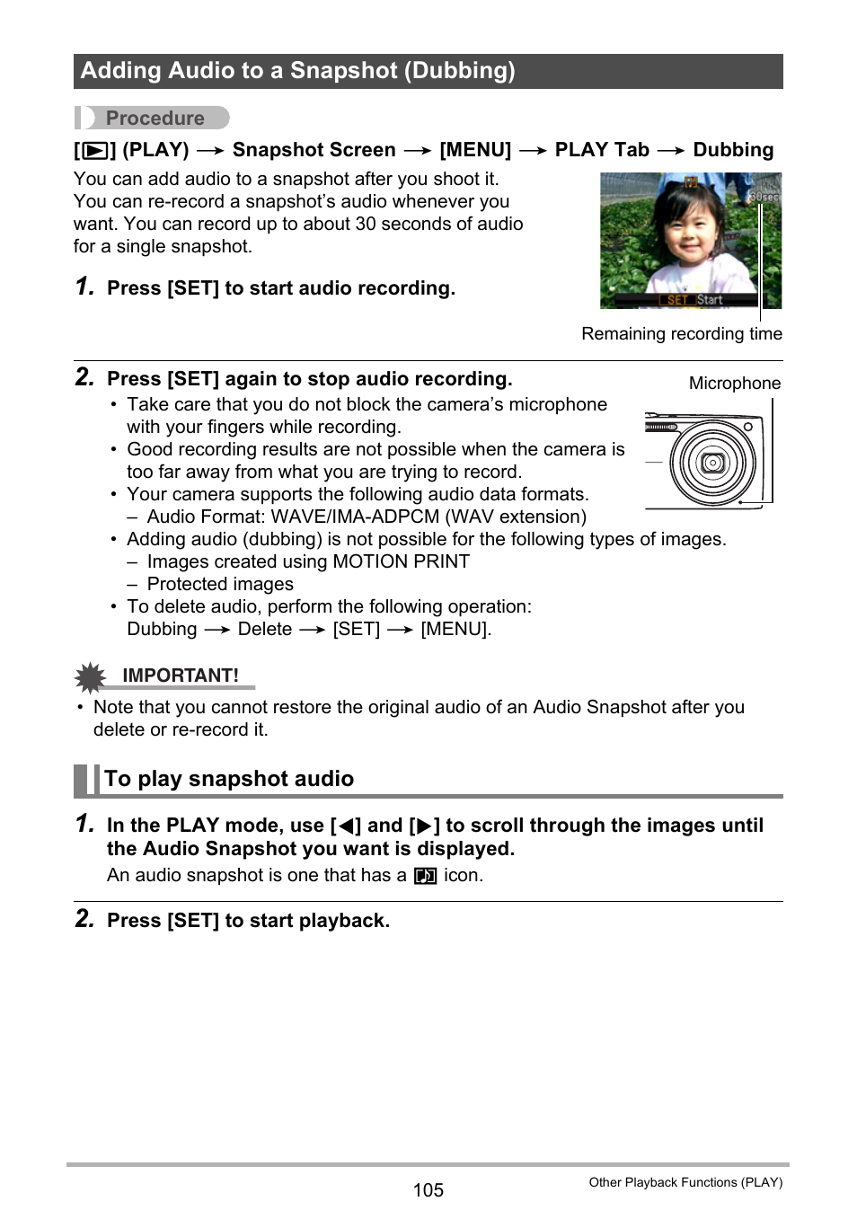 Adding audio to a snapshot (dubbing), To play snapshot audio | Casio EX-Z2000 User Manual | Page 105 / 195
