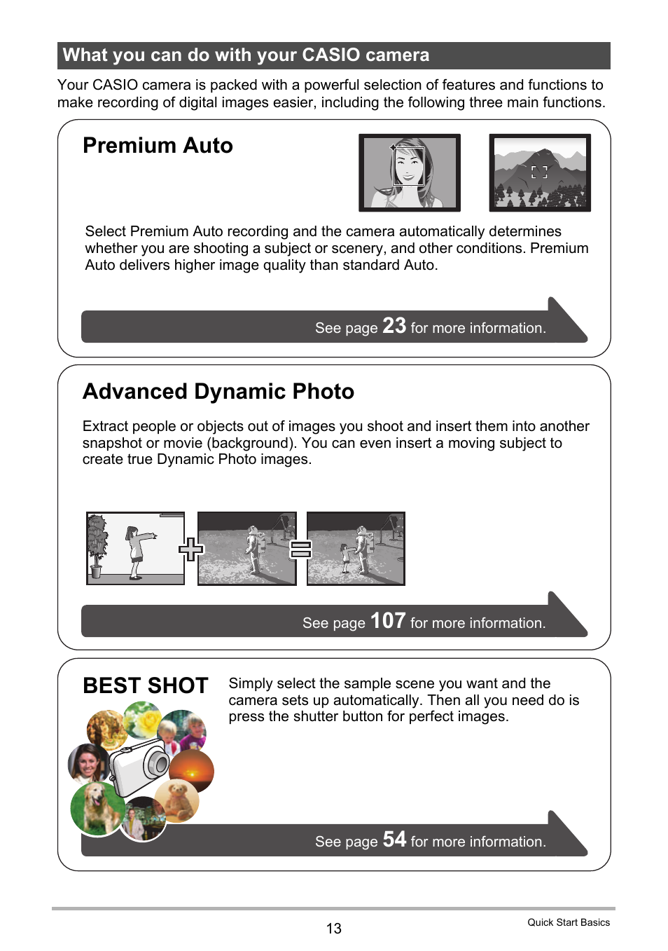 What you can do with your casio camera, Premium auto best shot, Advanced dynamic photo | Casio EX-Z2000 User Manual | Page 13 / 195