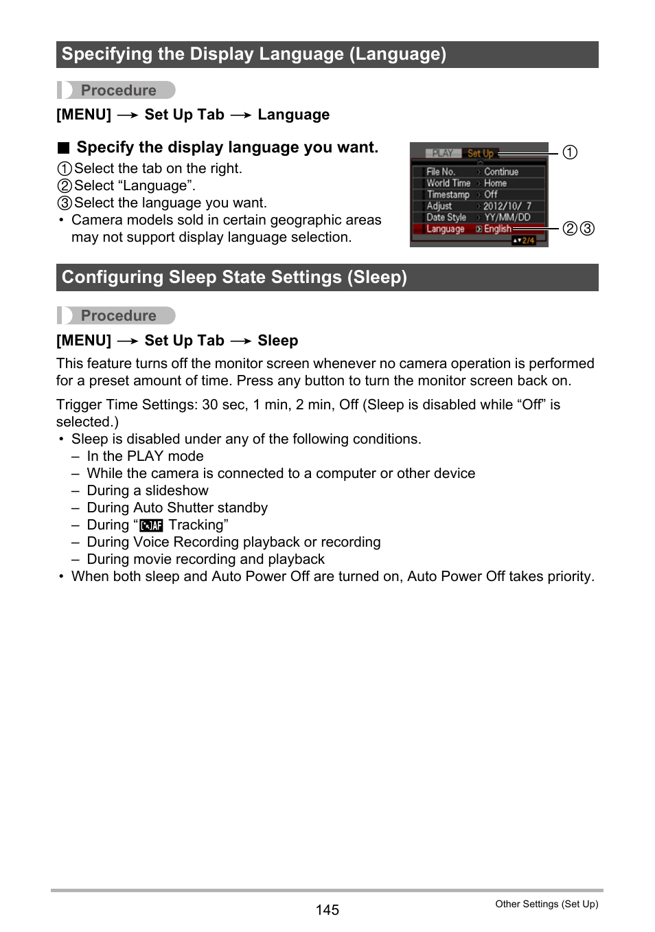 Specifying the display language (language), Configuring sleep state settings (sleep), Ge 145) | Casio EX-Z2000 User Manual | Page 145 / 195