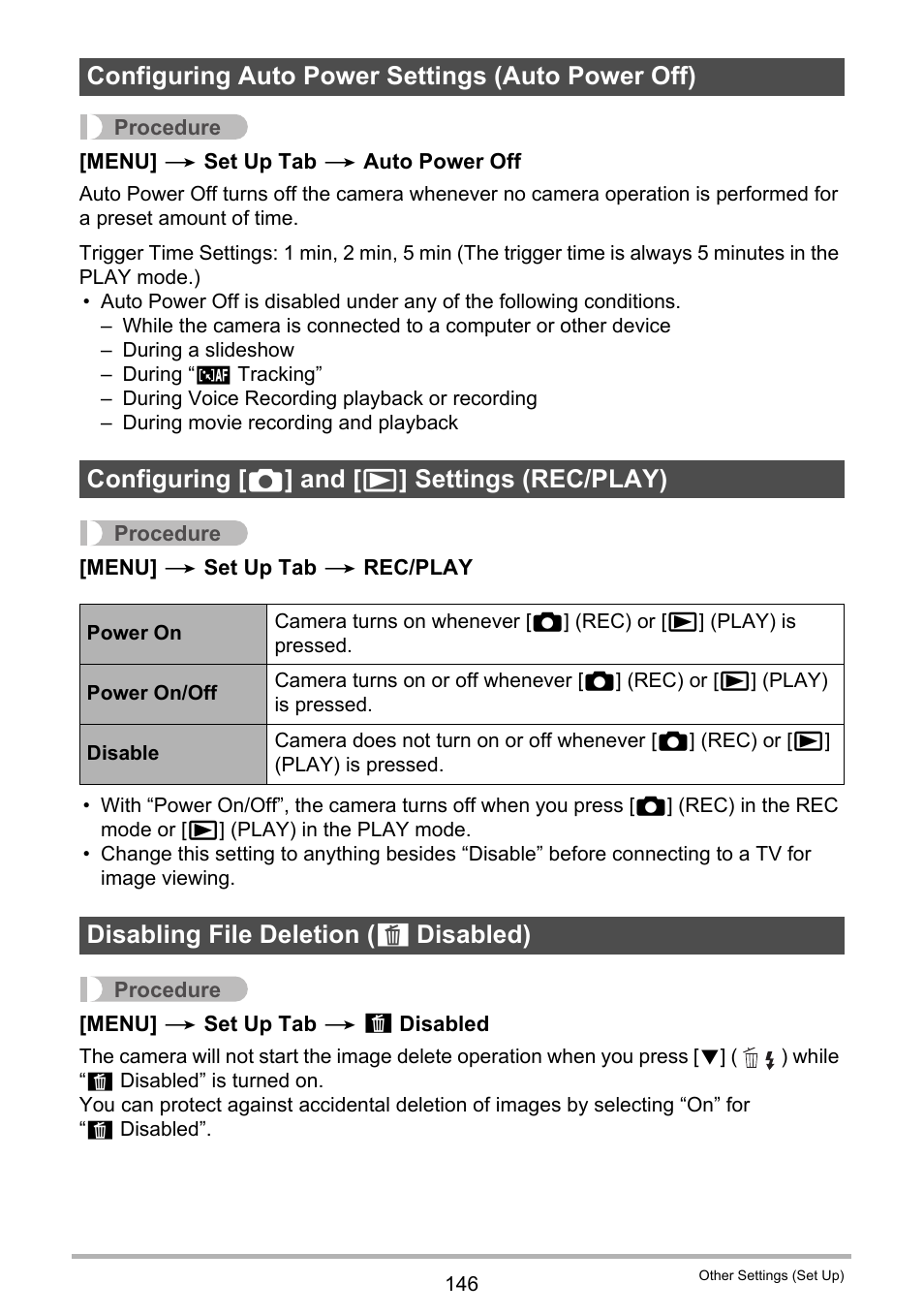 Configuring auto power settings (auto power off), Configuring [_] and [>] settings (rec/play), Disabling file deletion (_ disabled) | Disabling file deletion ( ü, Disabled) | Casio EX-Z2000 User Manual | Page 146 / 195