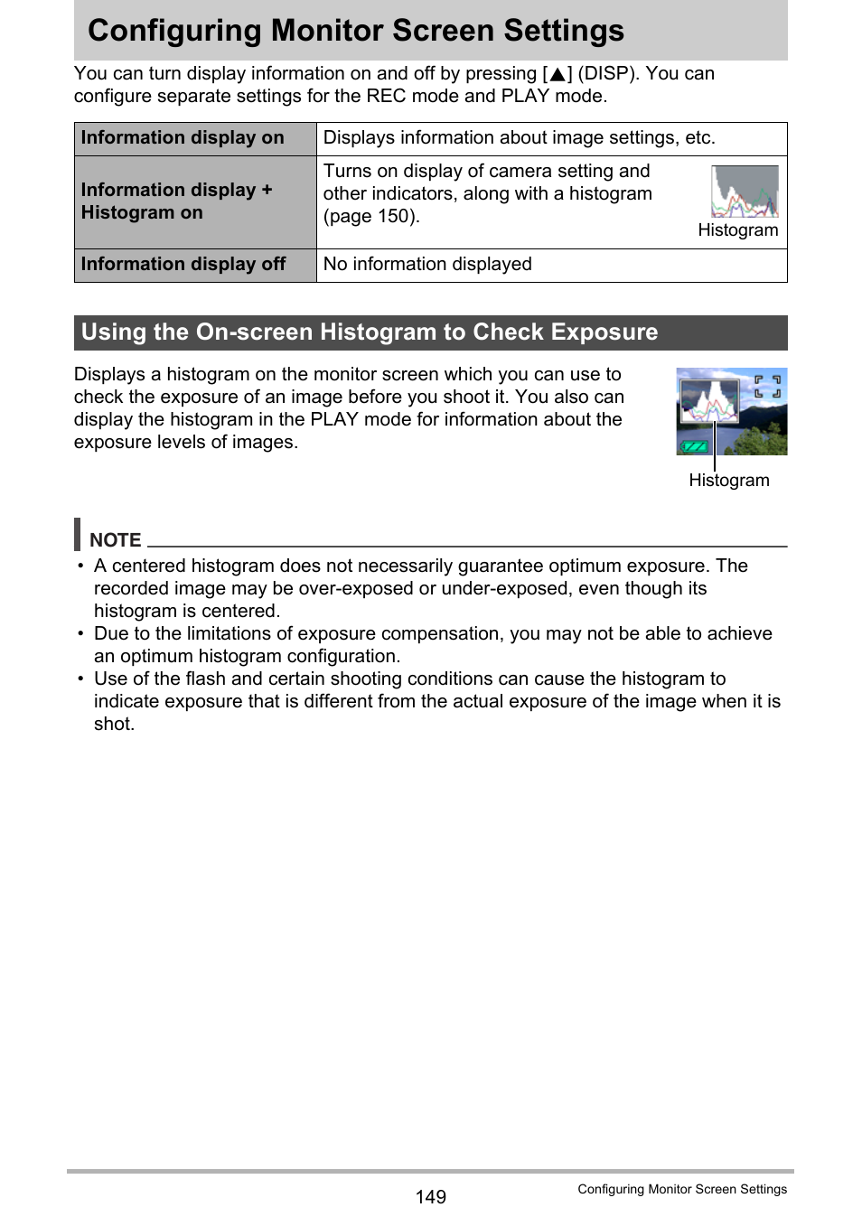 Configuring monitor screen settings, Using the on-screen histogram to check exposure | Casio EX-Z2000 User Manual | Page 149 / 195