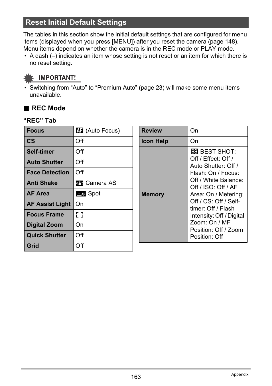 Reset initial default settings | Casio EX-Z2000 User Manual | Page 163 / 195