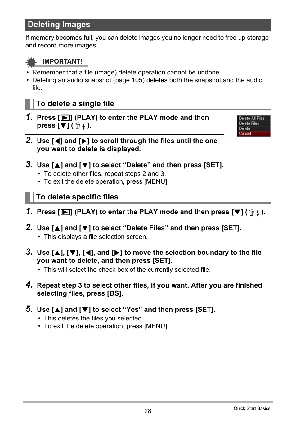 Deleting images, To delete a single file, To delete specific files | Casio EX-Z2000 User Manual | Page 28 / 195