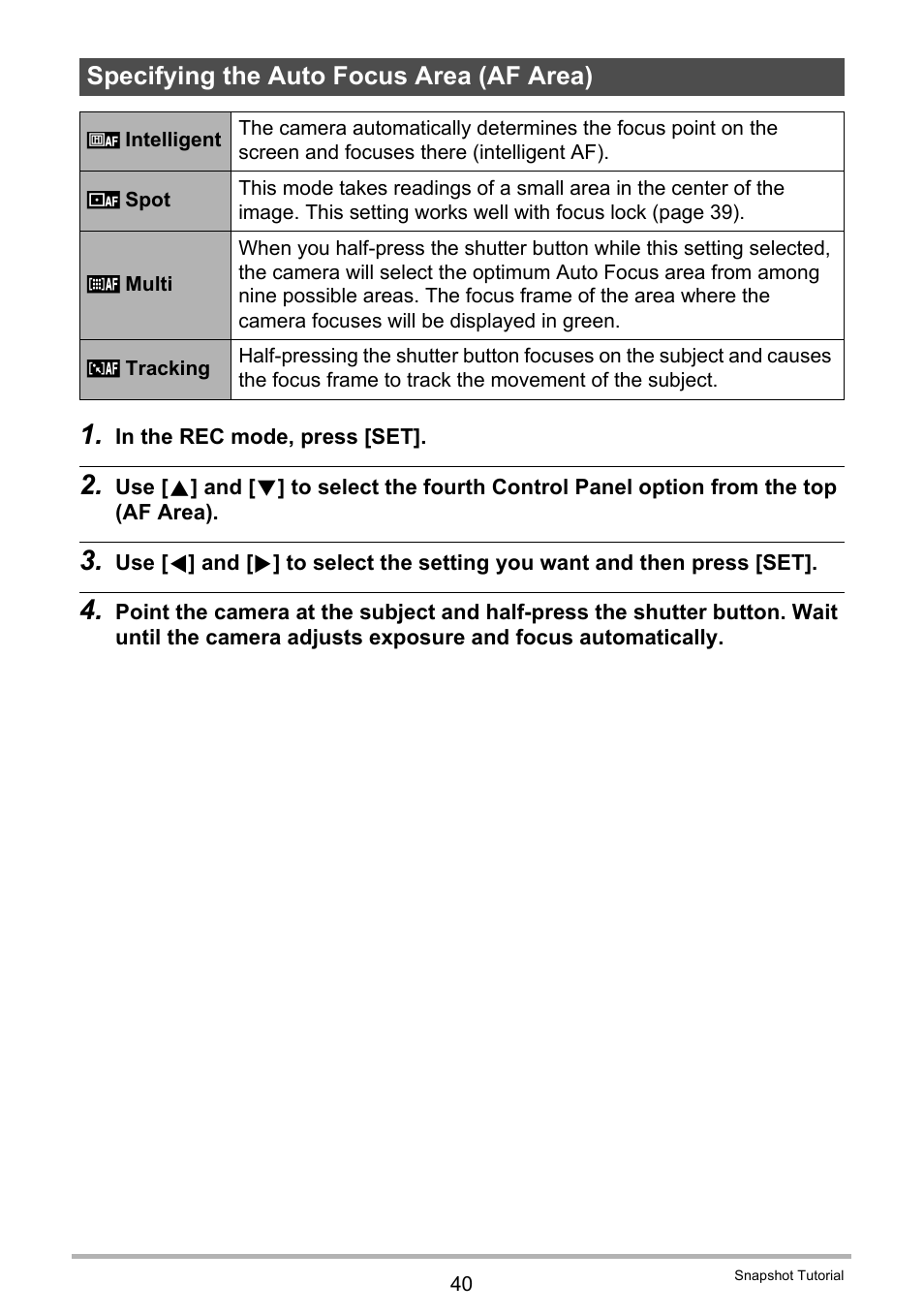 Specifying the auto focus area (af area) | Casio EX-Z2000 User Manual | Page 40 / 195