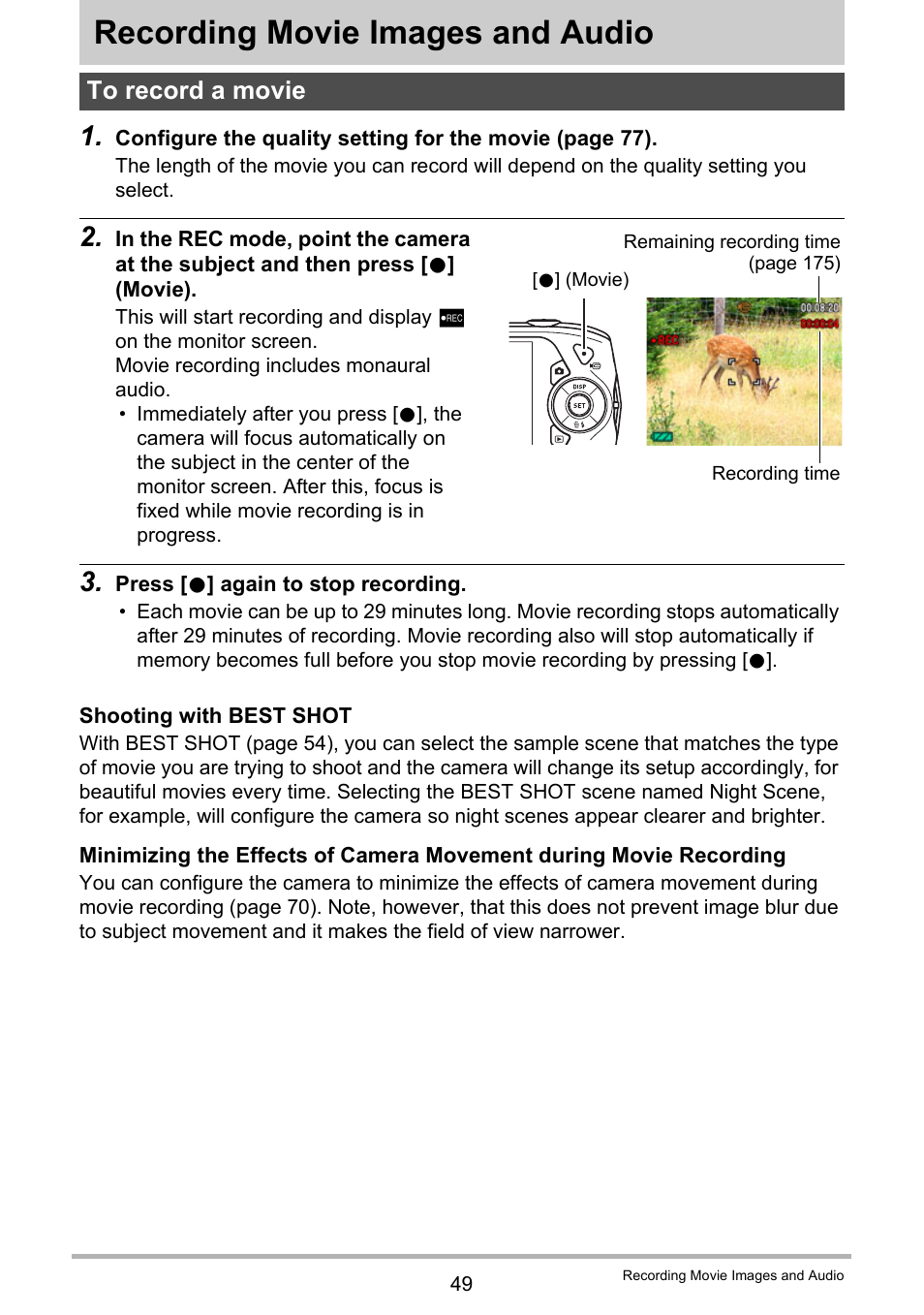 Recording movie images and audio, To record a movie | Casio EX-Z2000 User Manual | Page 49 / 195