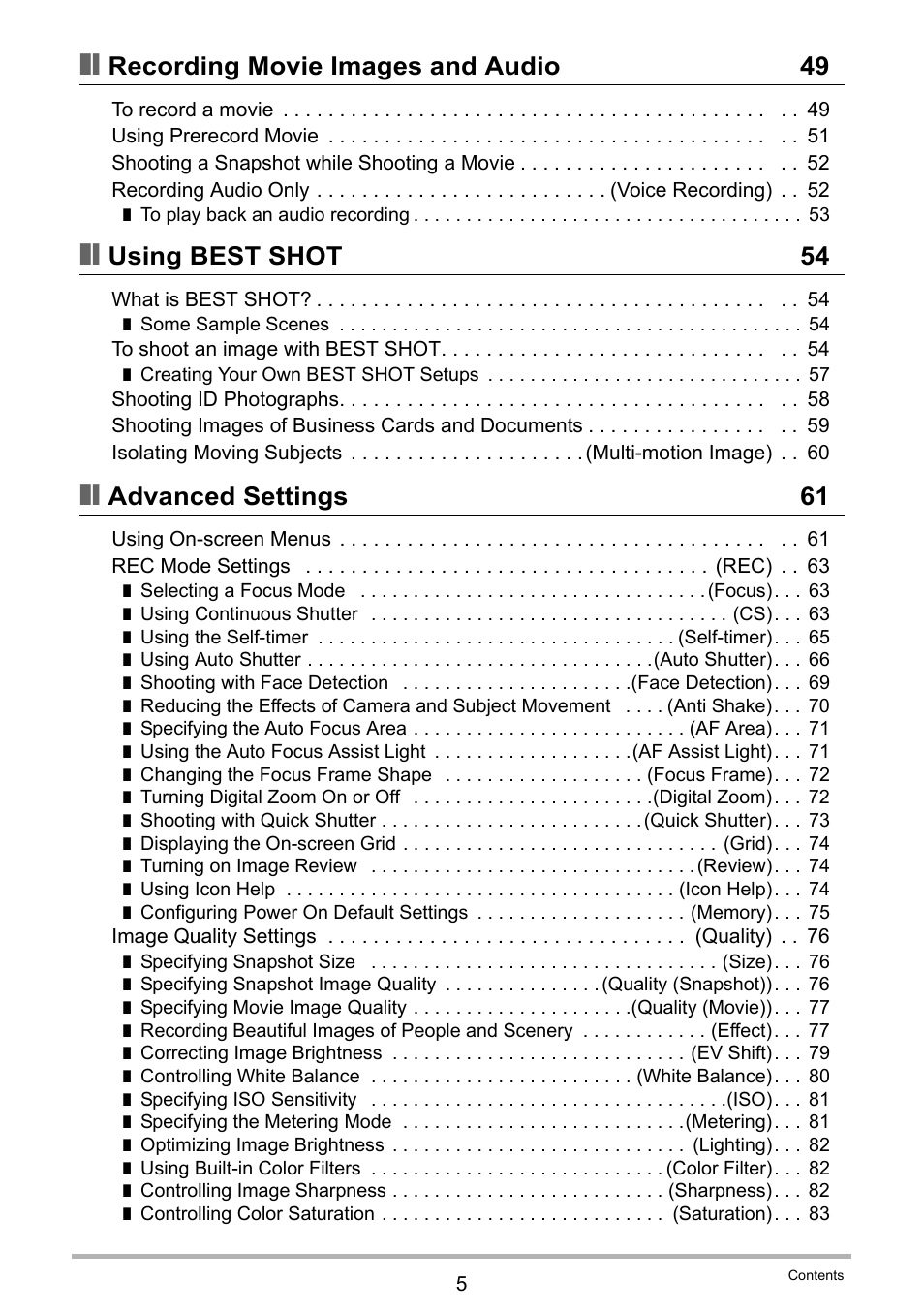 Recording movie images and audio 49, Using best shot 54, Advanced settings 61 | Casio EX-Z2000 User Manual | Page 5 / 195