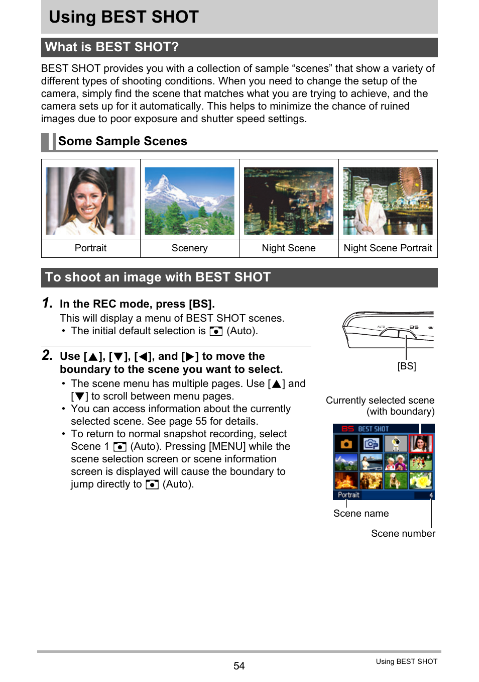 Using best shot, What is best shot, Some sample scenes | To shoot an image with best shot, 54), you can sel | Casio EX-Z2000 User Manual | Page 54 / 195