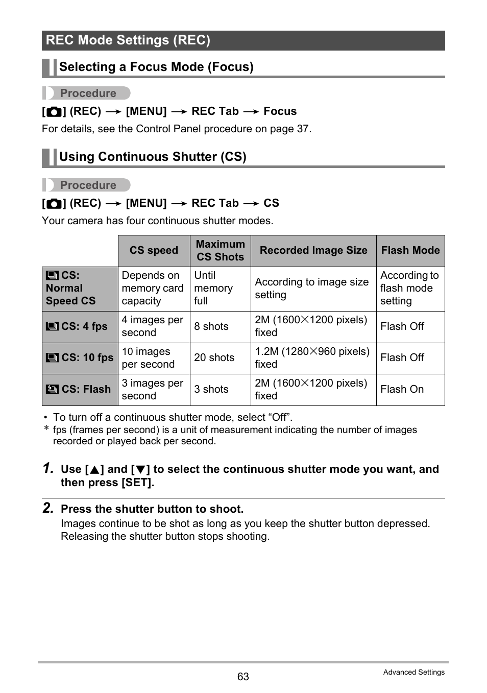 Rec mode settings (rec), Selecting a focus mode (focus), Using continuous shutter (cs) | Casio EX-Z2000 User Manual | Page 63 / 195