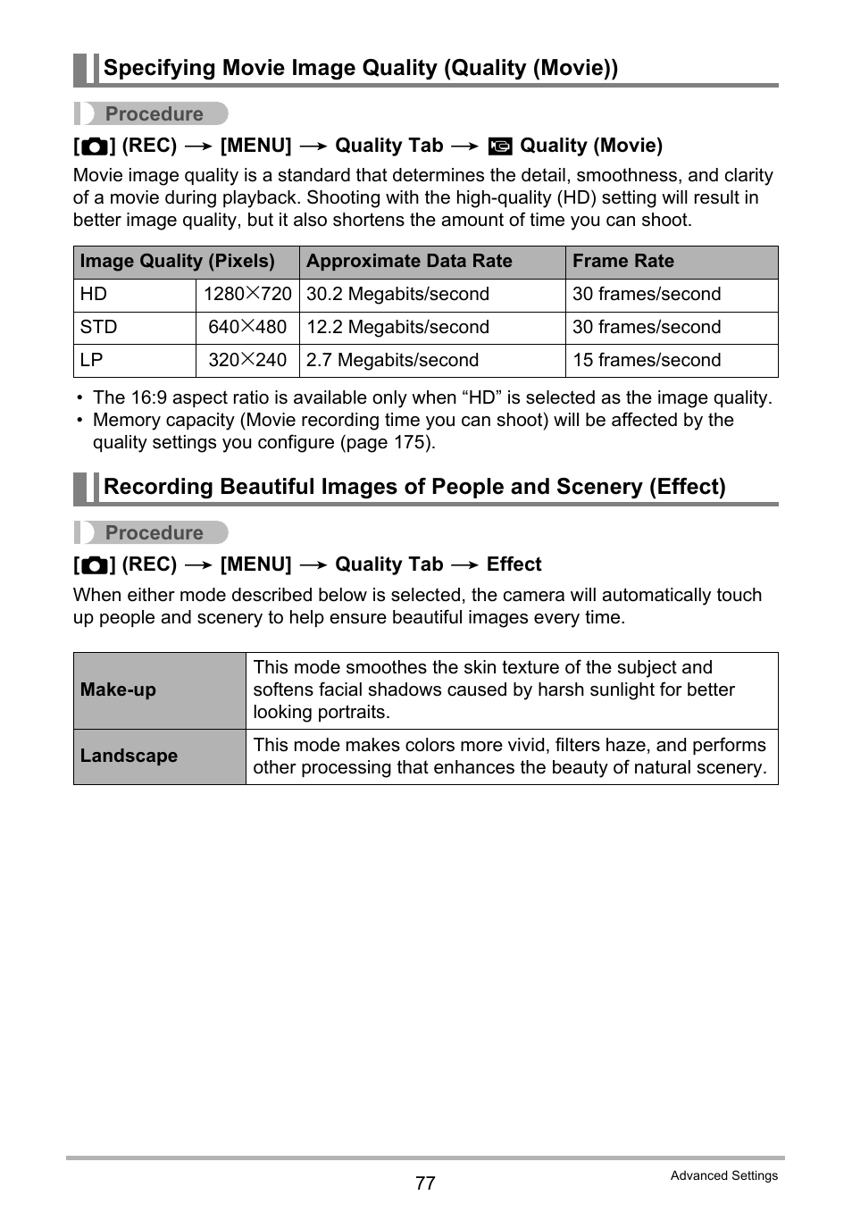 Specifying movie image quality (quality (movie)) | Casio EX-Z2000 User Manual | Page 77 / 195